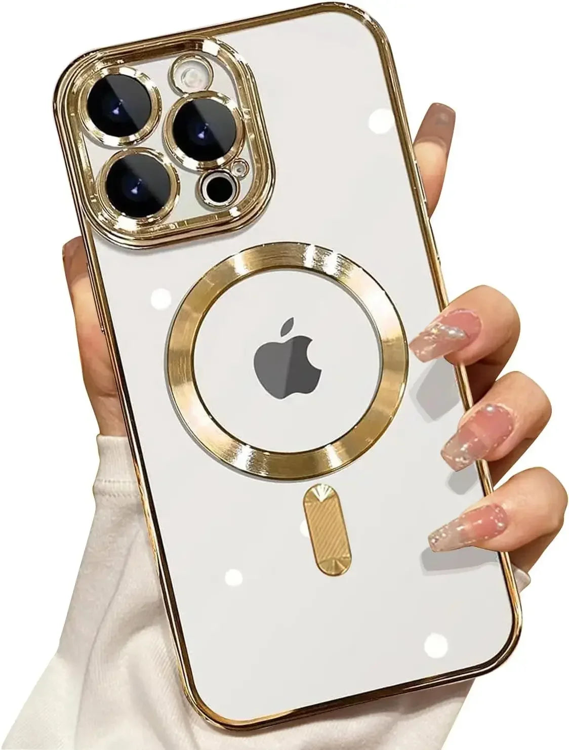 Klares magnetisches kabelloses Handyhülle für iPhone mit goldfarbenem Rahmen und Kamera-Schutz.