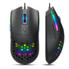 A black optical wired gaming mouse with RGB lighting visible on the top and bottom surfaces.