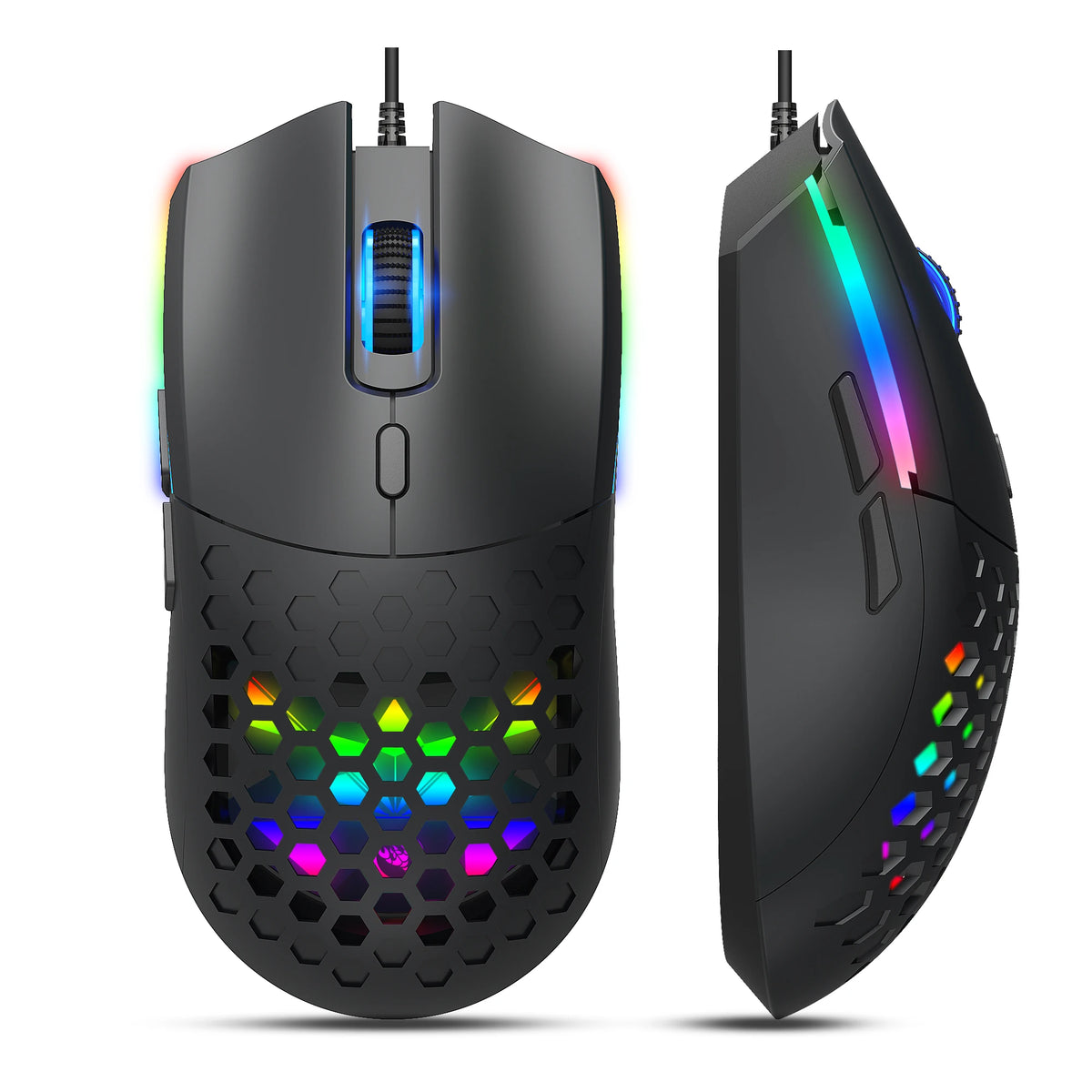 A black optical wired gaming mouse with RGB lighting visible on the top and bottom surfaces.