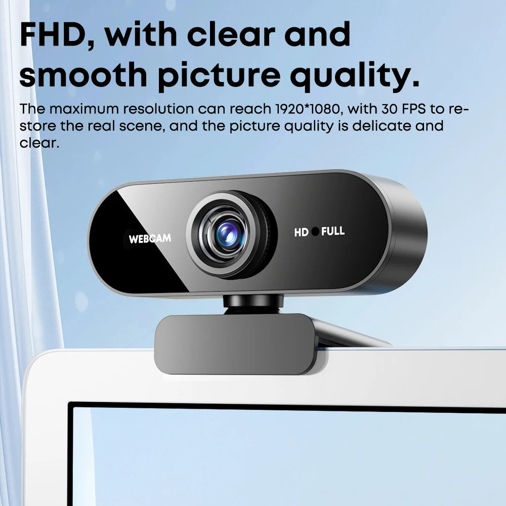 Eine schwarze FHD-Webcam ist auf einem weißen Laptop-Bildschirm montiert, die Bildqualität beschreibenden Text zeigt.