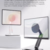 A flexible metal stand for tablets or screens is shown, demonstrating adjustable viewing angles and a foldable design.