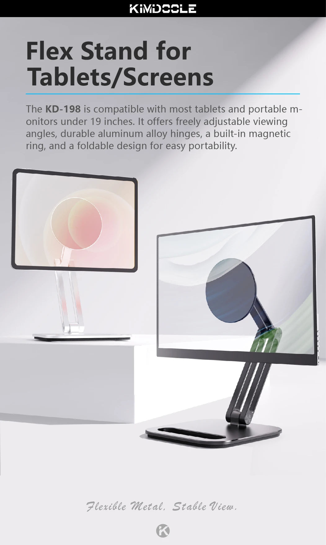 A flexible metal stand for tablets or screens is shown, demonstrating adjustable viewing angles and a foldable design.