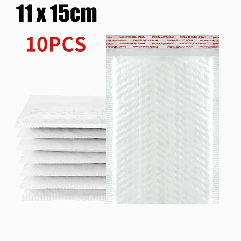 A pack of 10 self-sealing pearl film bubble shipping bags measuring 11 x 15 cm.