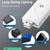 White rechargeable LED book reading light shown with connections for power bank, car charger, and laptop.