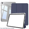 A clear protective case for an iPad is shown alongside a dark blue folio cover.