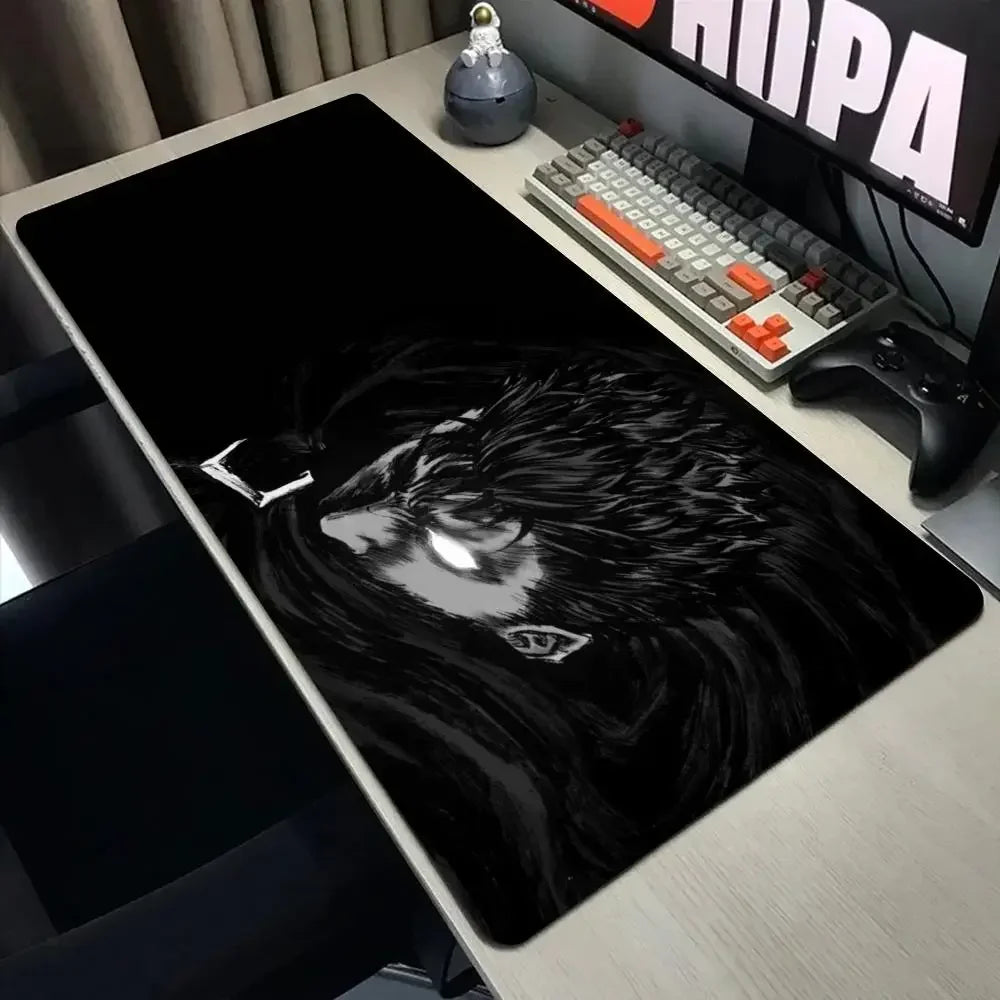 A black mouse pad featuring a detailed Berserk anime design placed on a light wood desk next to a keyboard.