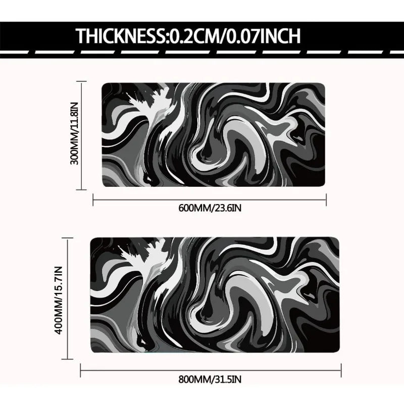 A black and gray liquid wave design on a gaming mouse pad with a thickness of 0.2cm or 0.07inch.