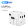 White universal travel adapter with USB-A, USB-C, and AC outlets