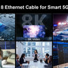 A collage showing various applications of a CAT 8 Ethernet cable including 5G devices, 8K video, VR/AR games, home computing,