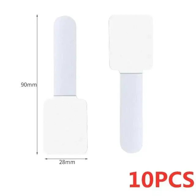 A white reusable adhesive cable tie with a square head and cylindrical body, shown next to its dimensions.