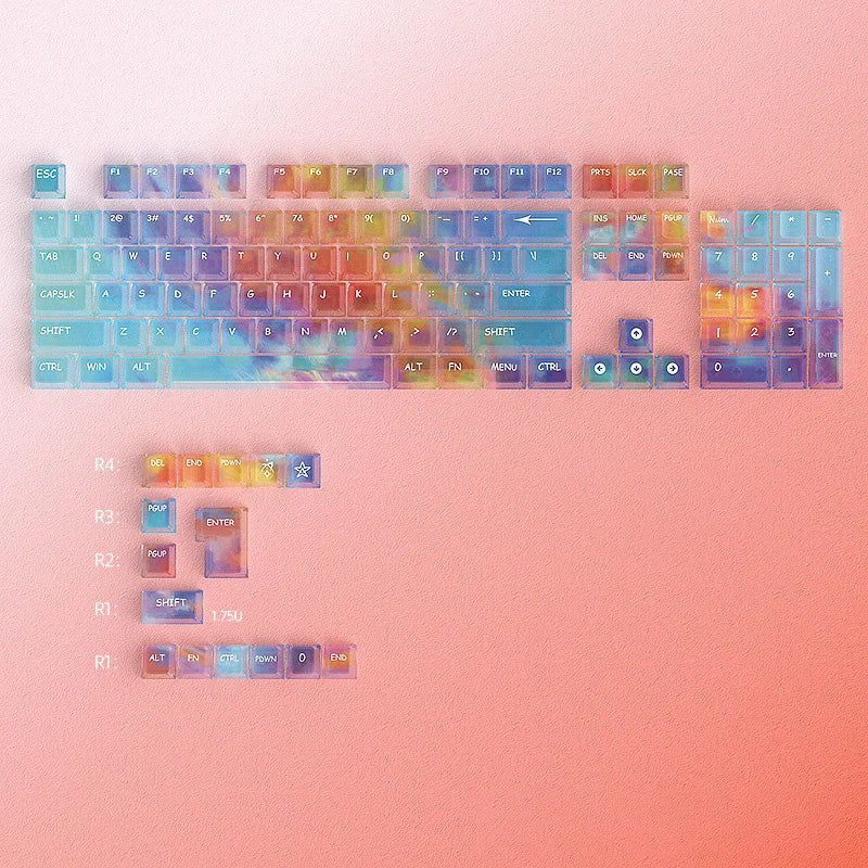 A colorful rainbow shine PC keycap set for a mechanical keyboard displayed on a pink background.