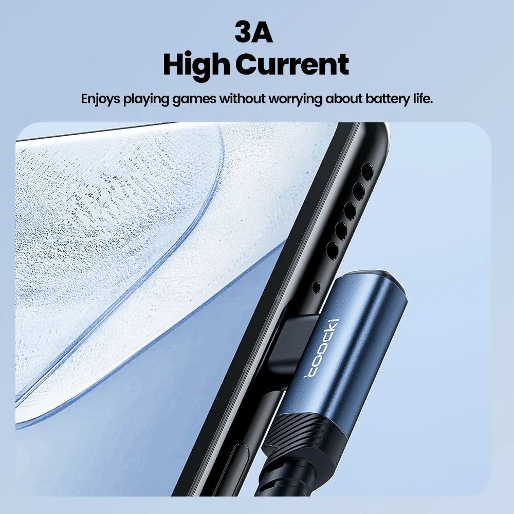 A close-up of a blue USB-C charging cable with a right-angle connector shown next to a smartphone.