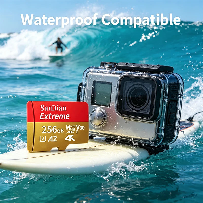 A silver camera is mounted on a surfboard in the ocean water with a wave in the background.