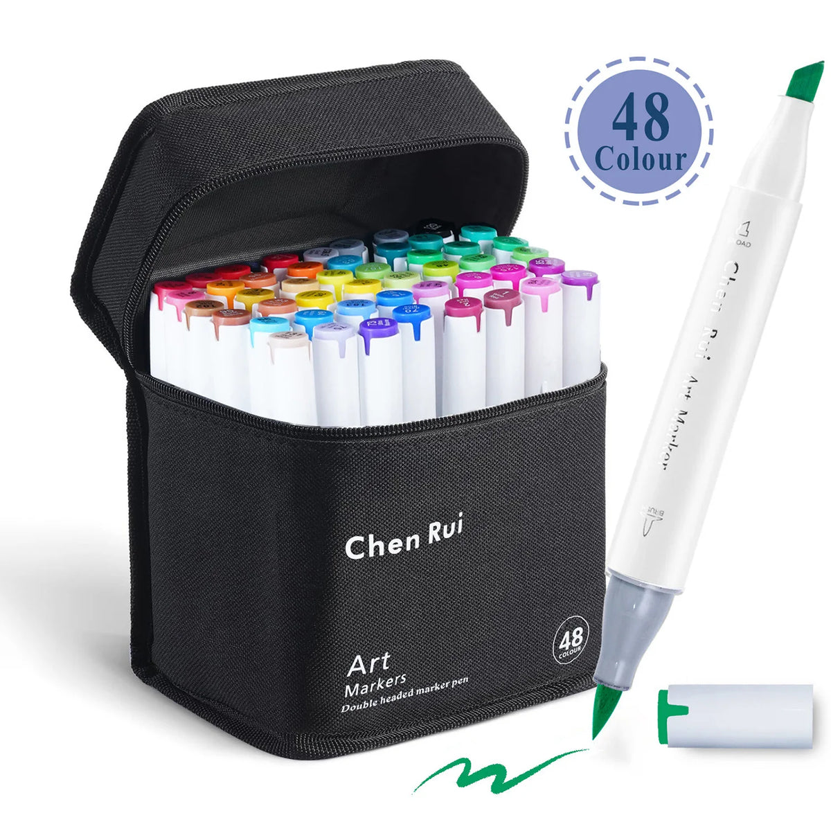 A black storage box containing 48 double-headed alcohol art markers and a single marker pen.