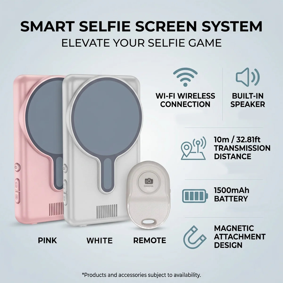 Pink and white magnetic selfie screen system with a remote and battery for smartphone camera