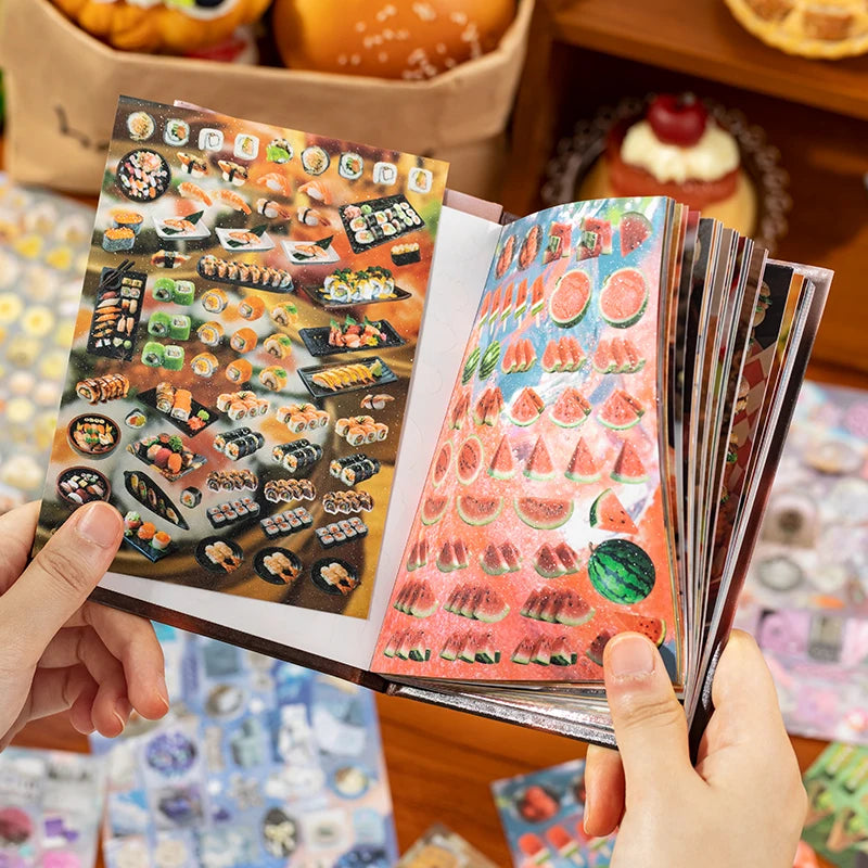 A hand holds open a sheet of Y2K aesthetic cut film stickers featuring colorful, patterned designs.