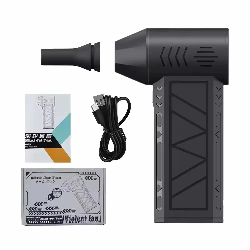 A black high-speed rechargeable handheld dust blower is shown in various views.