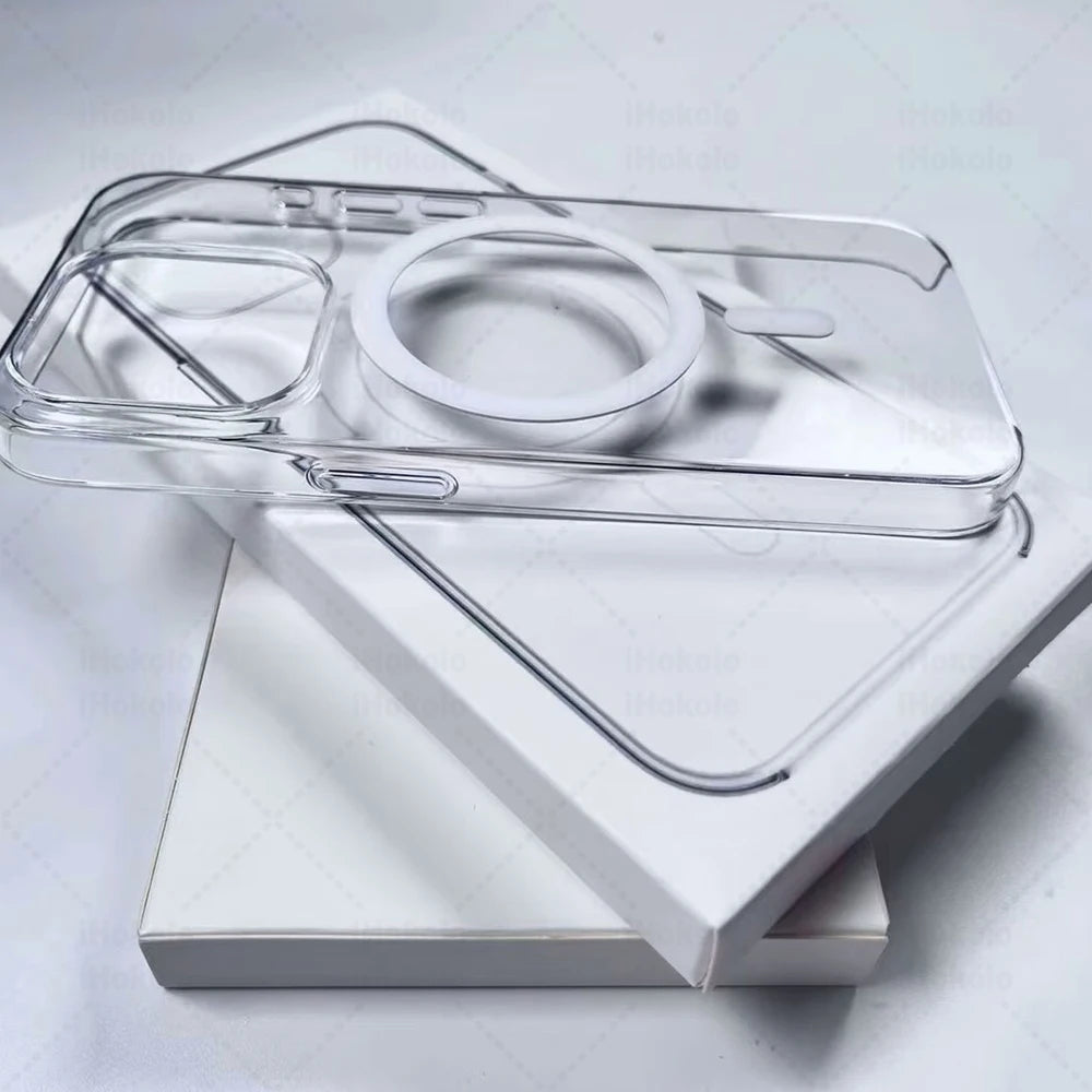 Una funda protectora magnética transparente para iPhone o iPad, colocada sobre una caja blanca.