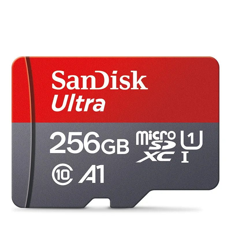 Rote und graue SanDisk Ultra Speicherkarte mit 256GB und A1-Bewertung.