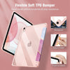 A pink flexible soft TPU bumper case for an iPad showing various installation and protection features.