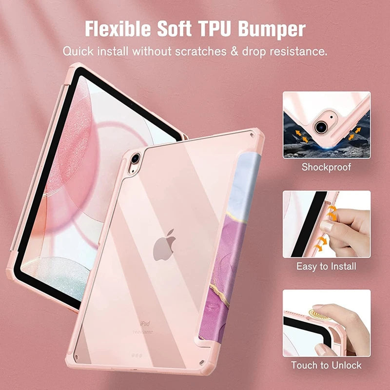 A pink flexible soft TPU bumper installed on an iPad, showing shockproof and easy installation features.