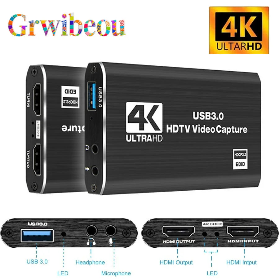 بطاقة التقاط فيديو HDMI إلى USB 3.0 سوداء بدقة 4K مع مؤشرات LED ومدخلات صوت