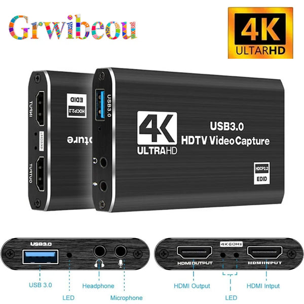 A black 4K UltraHD HDMI to USB 3.0 video capture card with LED indicators and audio inputs.