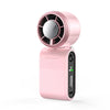 A pink portable USB rechargeable mini handheld fan with a circular grille and digital display.