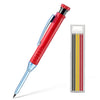 A red mechanical pencil set with a sharpener and multiple colored leads is shown diagonally.