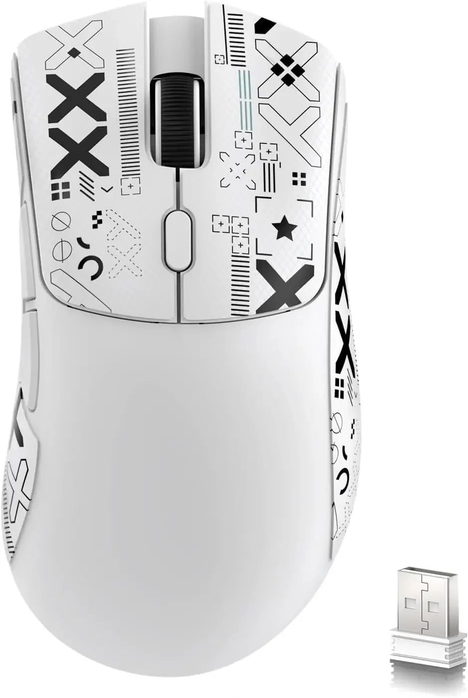 A white high-performance wireless gaming mouse shown from the top view with detailed iconography on the buttons