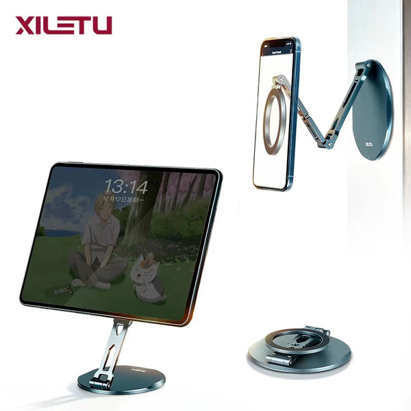 A foldable magnetic phone and tablet stand with a sleek design shown next to a smartphone and a circular base.
