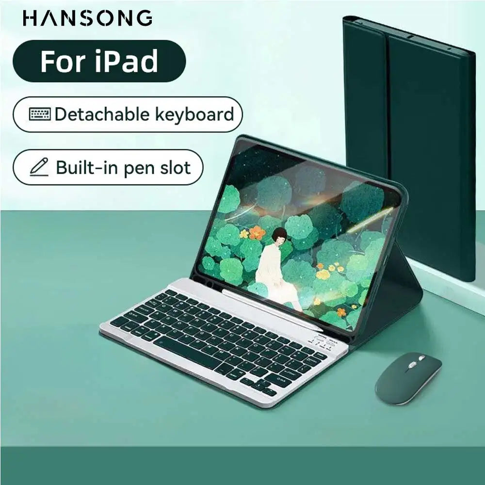A dark green detachable keyboard case for iPad showing a laptop with a built-in pen slot and a separate trackpad.