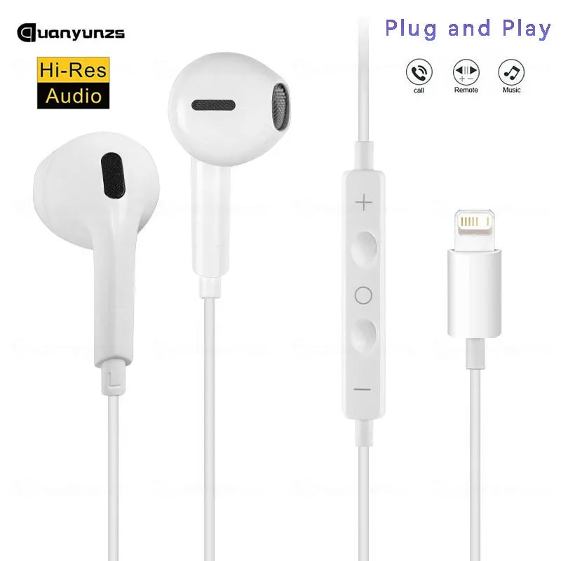 White plug and play wired in-ear earphones with a detachable connector for mobile devices