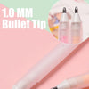 A white glue pen with a 1.0 mm bullet tip is shown, highlighting the precision tip size.