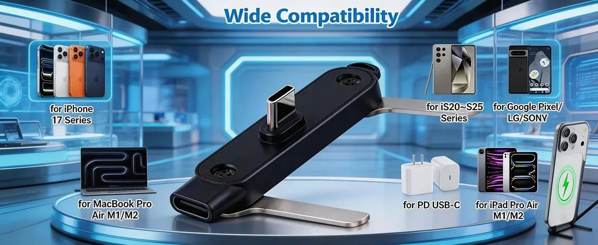 A foldable USB-C to USB-C charging adapter and phone stand demonstrating wide compatibility for various devices.