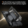 A black iPad case featuring an invisible holder with various angles, shown against a globe background.