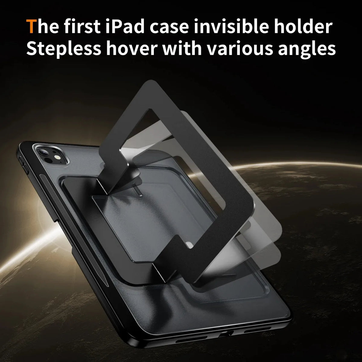 A black iPad case featuring an invisible holder with various angles, shown against a globe background.