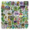 A collection of 50 psychedelic alien and leaf stickers featuring various green, purple, and pink alien characters.