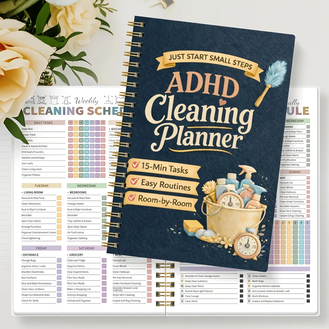 A spiral-bound ADHD Cleaning Planner notebook with weekly task sheets and organization sections.