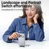 A woman is using a landscape and portrait switch adapter with a foldable stand to connect a phone.