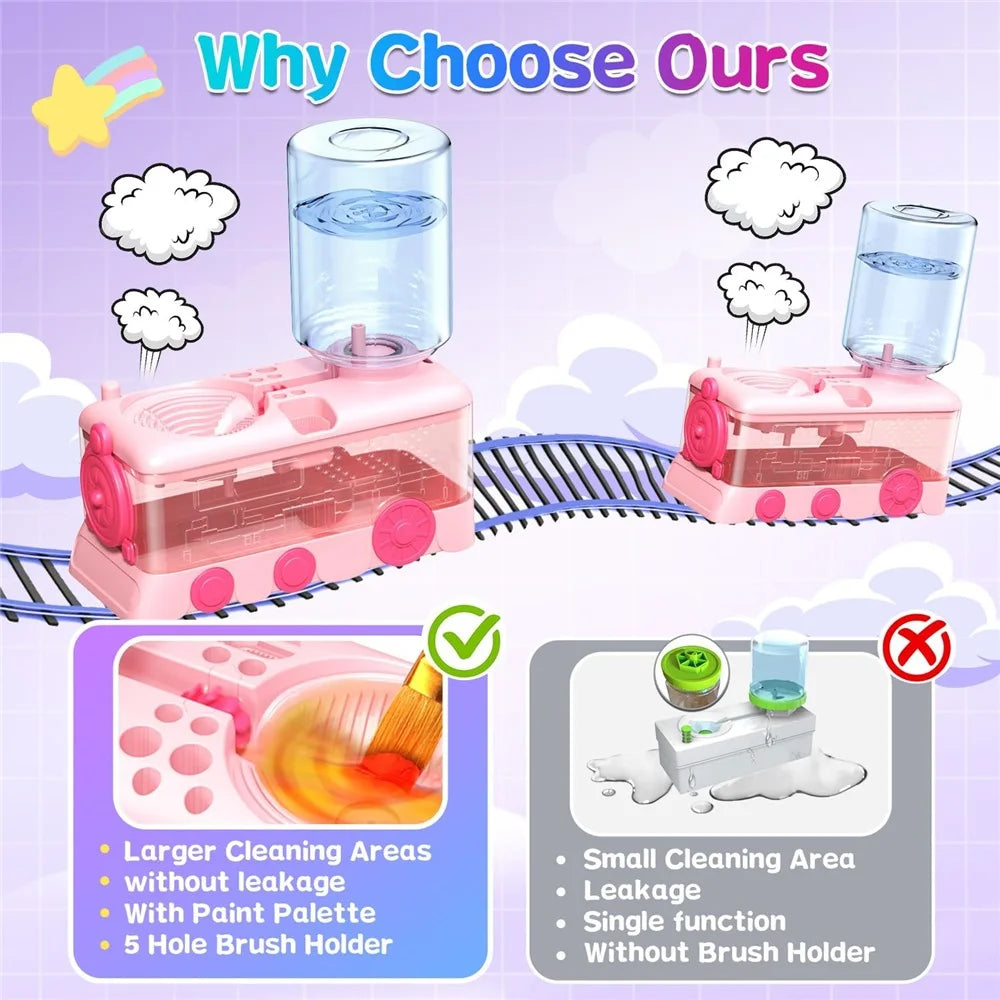 A pink paint brush cleaning set with a bottle and brush holder shown next to a white set.