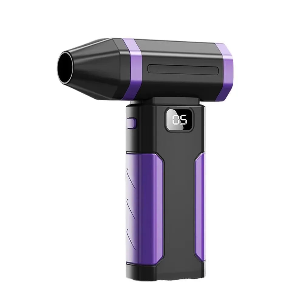 A black and purple high-speed cordless air blower with a wide nozzle is shown.
