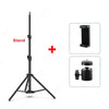 A black adjustable phone tripod stand with a mounting plate and a separate accessory shown in detail.