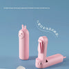 A pink portable foldable rabbit mini fan is shown in various forms, including a vertical stand and a flat handheld design.