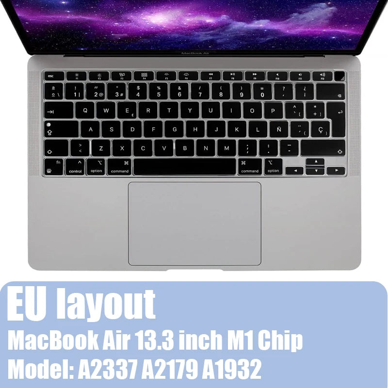 Silicone keyboard cover for a silver MacBook Air with an M1 chip.