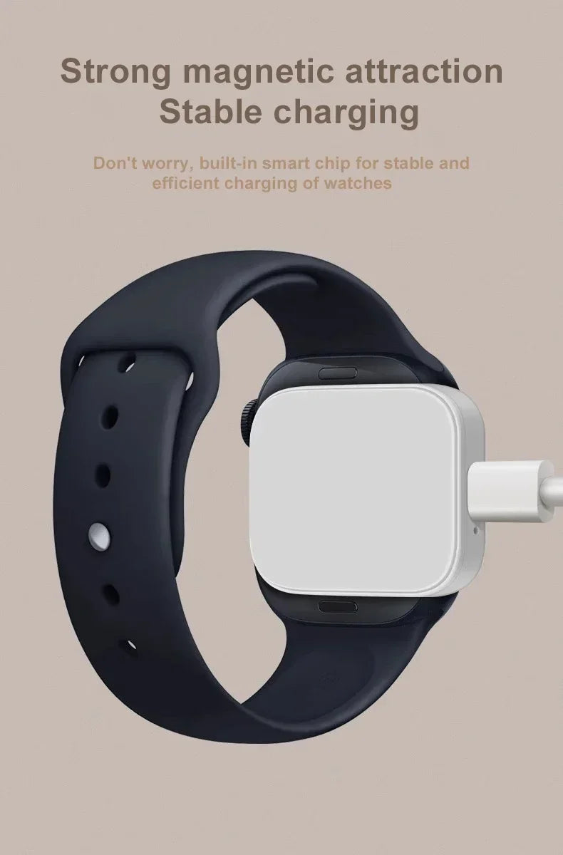 A black smartwatch with a white case and band is shown, highlighting its strong magnetic attraction for stable charging.