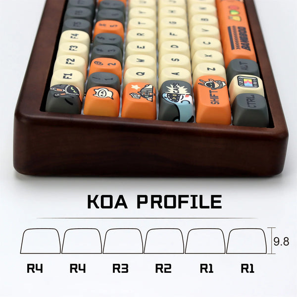 Close-up view of PBT keycaps in KOA profile arrangement for a mechanical keyboard.