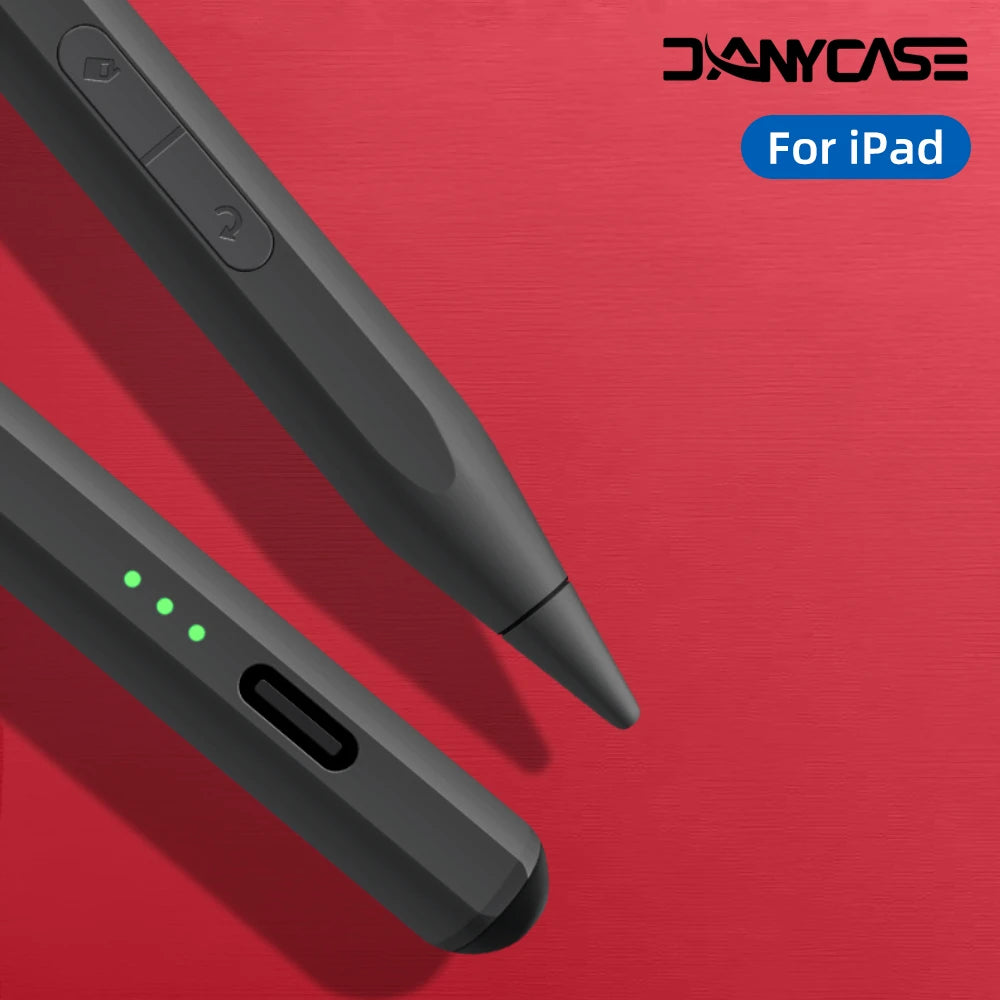 A black precision stylus for iPad shown diagonally on a red background.
