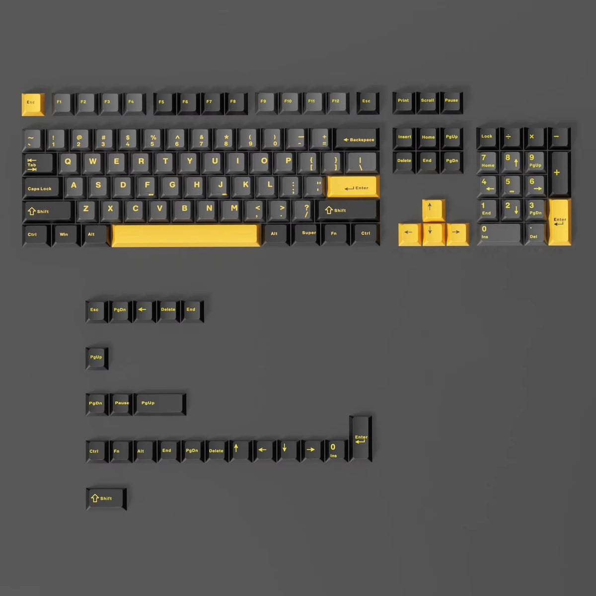 A set of dark blue PBT keycaps with cherry profile for mechanical keyboards, including various function and alphanumeric keys