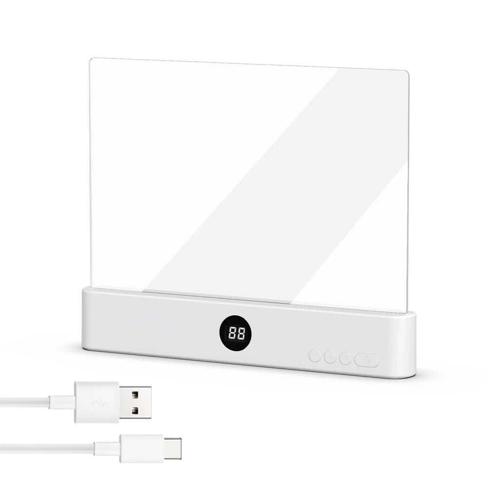A white acrylic book night light with a digital timer display and a USB cable shown next to it.